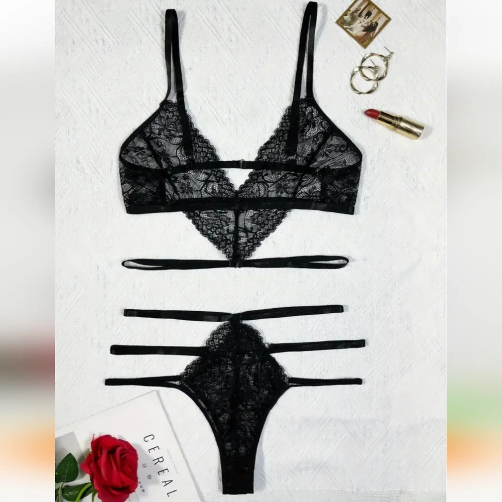 Sultry Floral Lace Lingerie Set - Mesh Plunge Bra And High Waist Panties…